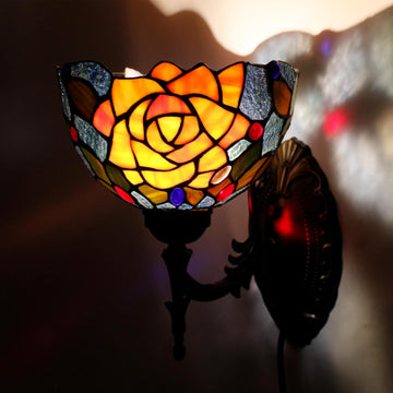 Werfactory® Tiffany Wall Sconce Yellow Purple Rose Stained Glass W8 H11 Inch Plug in Bedside Lamp